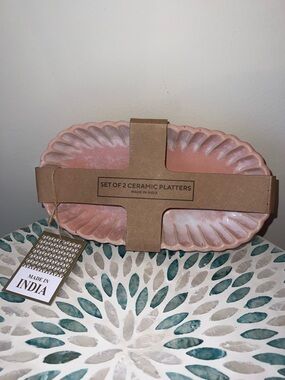 Pink Ceramic Serving Platters Set of 2 Scalloped Dish Cottagecore Kitchen